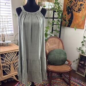 Bellambia Made in Italy Green Linen Sleeveless Neck Tie Midi Dress